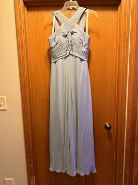 Azazie Light Blue Cross-Back Pleated Maxi Dress
